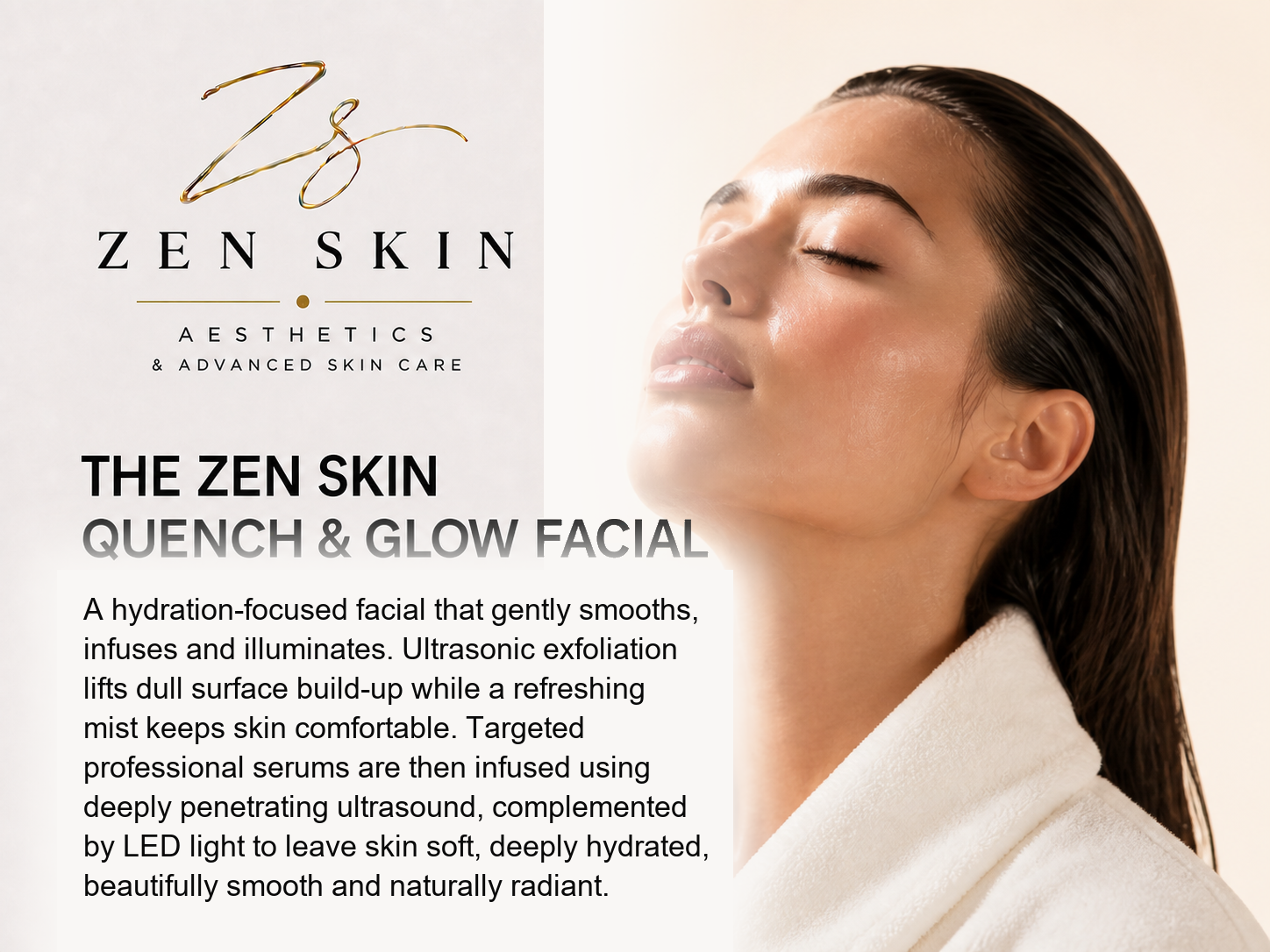 A woman with closed eyes and smooth, glowing skin, wearing a white bathrobe, appears relaxed as she enjoys a skincare treatment. The background is light and neutral.