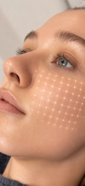 Close-up of a woman's face with a grid of white dots overlaying her cheek, indicating a digital mapping or scanning process.