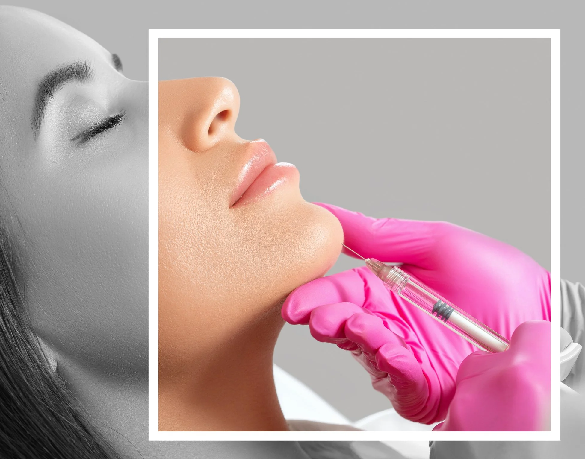 Close-up of a woman receiving a cosmetic injection in her lips from a medical professional wearing pink gloves.