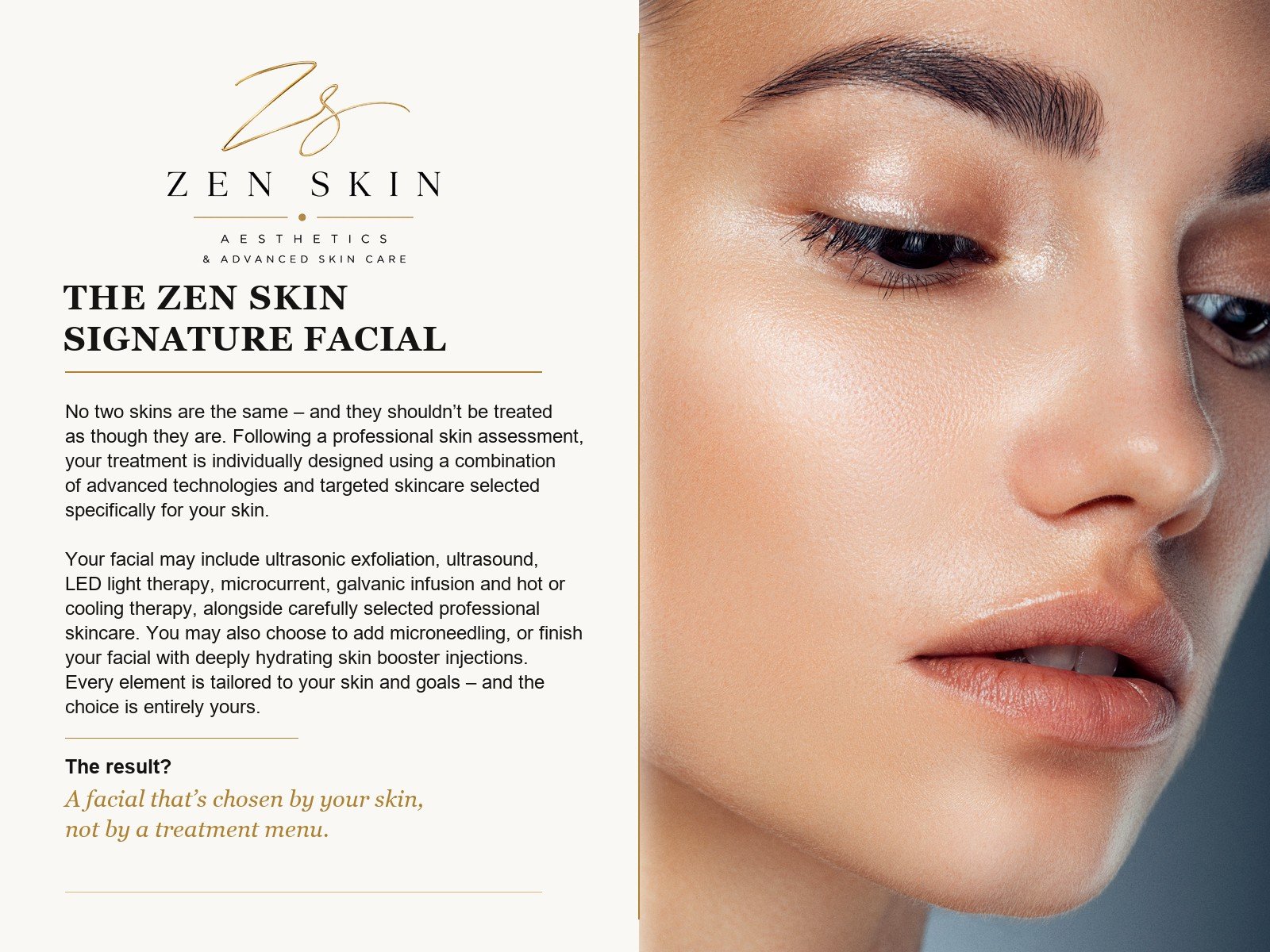 Close-up of a woman's face showing smooth, glowing skin with makeup and well-groomed eyebrows, alongside text about Zen Skin's facial treatments.