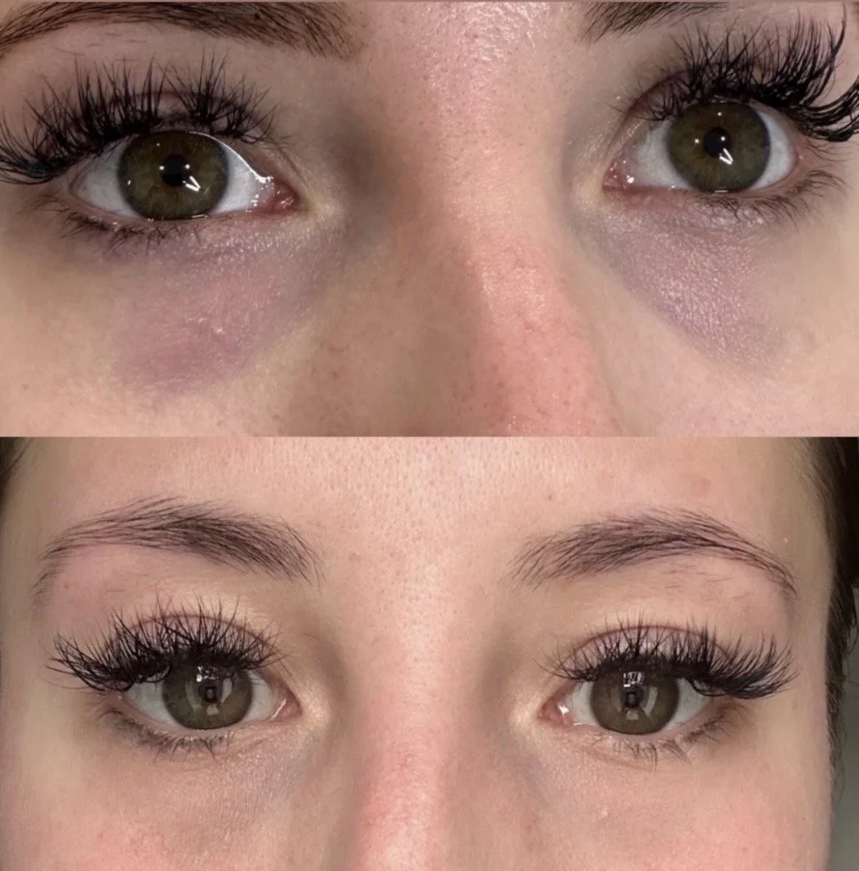 Close-up of a woman's eyes before and after eyelash extensions or makeup enhancement, showing longer, fuller eyelashes in the second image.
