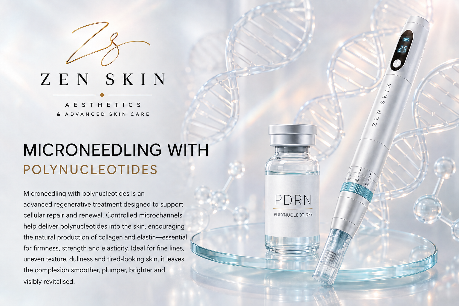 Advertisement for Zen Skin skincare product featuring a microneedling device, a vial labeled PDRN Polypeptides, and digital DNA strands in the background, promoting regenerative skin treatment with polynucleotides.