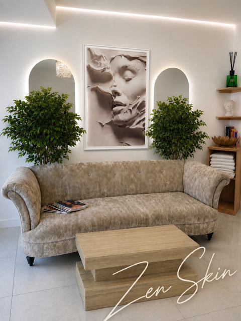 Living room with a beige vintage-style sofa, two green potted plants, a modern art portrait of a woman's face, a wooden shelf with towels and decor, and a coffee table in front.