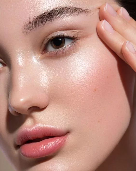 Close-up of a woman's face showing her eye, nose, and lips, with her hand touching her forehead and her skin appearing smooth and glowing.