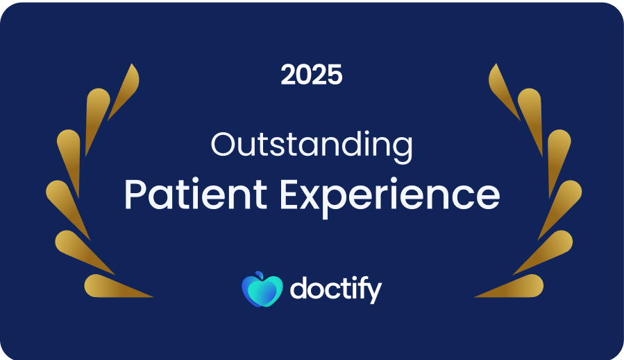 A certificate titled '2025 Outstanding Patient Experience' awarded by Doctify, featuring a dark blue background with gold laurel branches on either side.