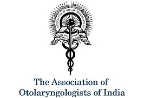 The emblem of The Association of Otolaryngologists of India featuring a caduceus and an ornate circular design with text.