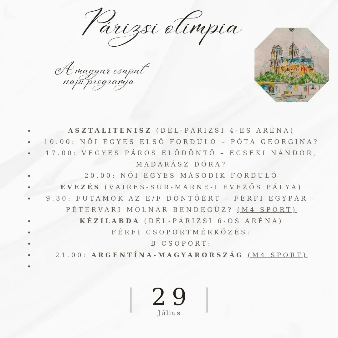 A p&aacute;rizsi olimpia harmadik napj&aacute;nak programja! J&uacute;lius 29-&eacute;n, h&eacute;tfőn is lesznek izgalmak, lesz kinek szurkolni! ☺️❤️🤍💚Hajr&aacute; Magyar Csapat!