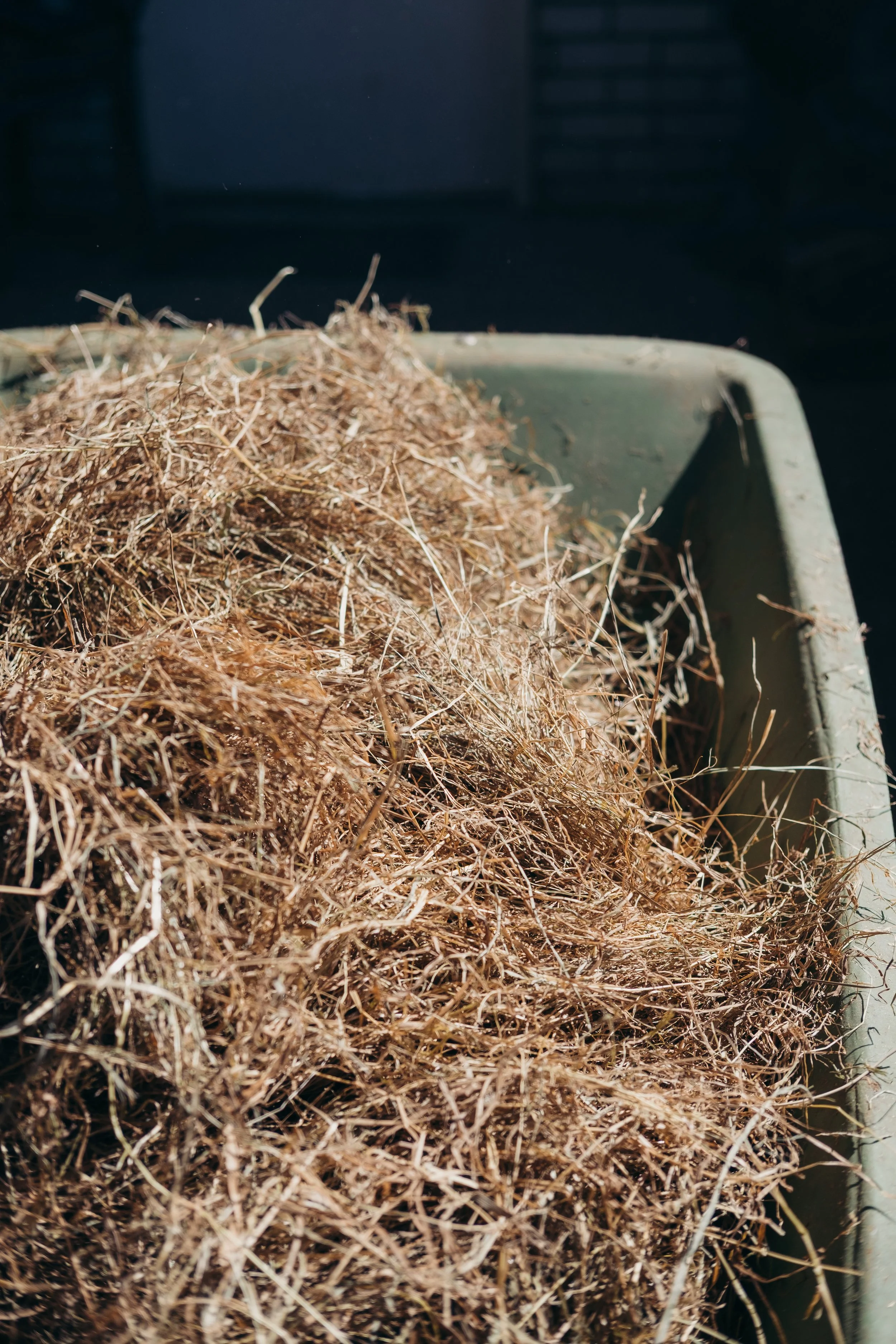 Detail van een paardenstal met hooi en natuurlijke lichtinval
