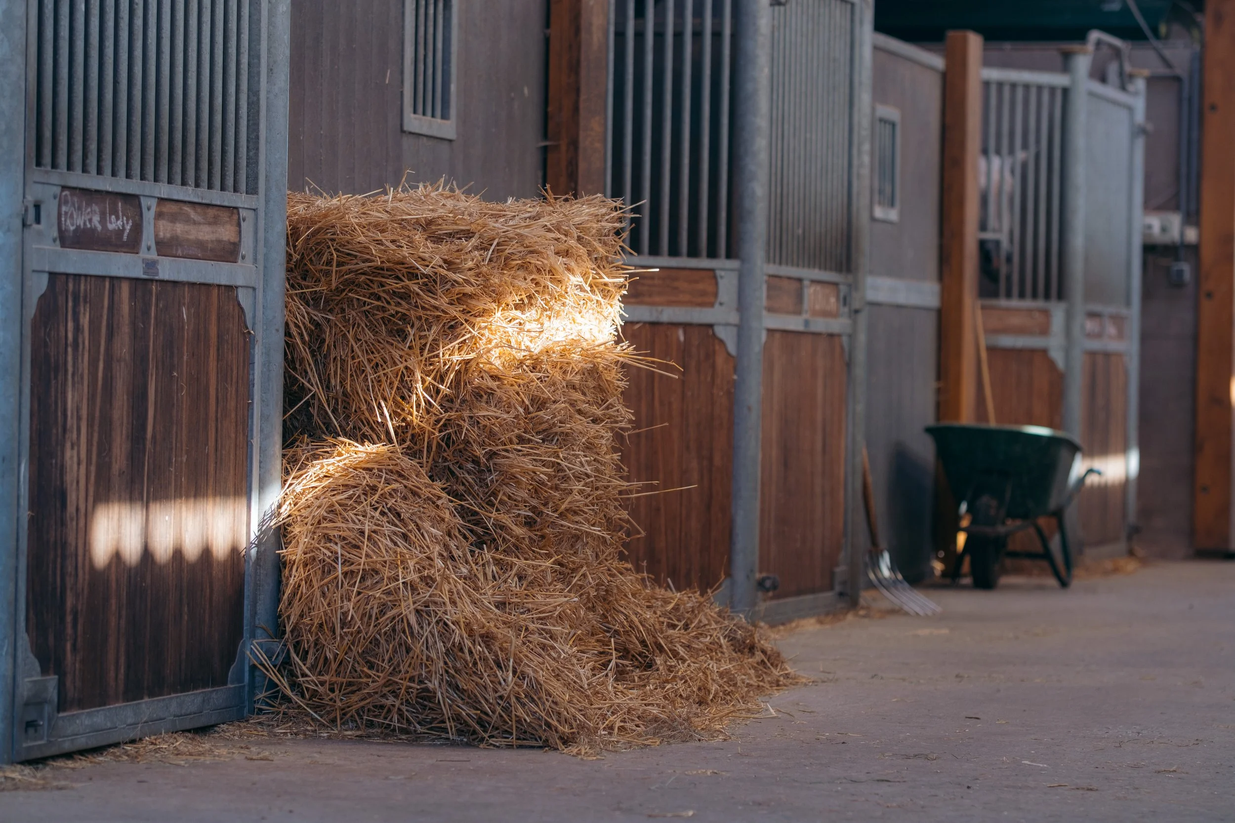 Detail van een paardenstal met hooi en natuurlijke lichtinval