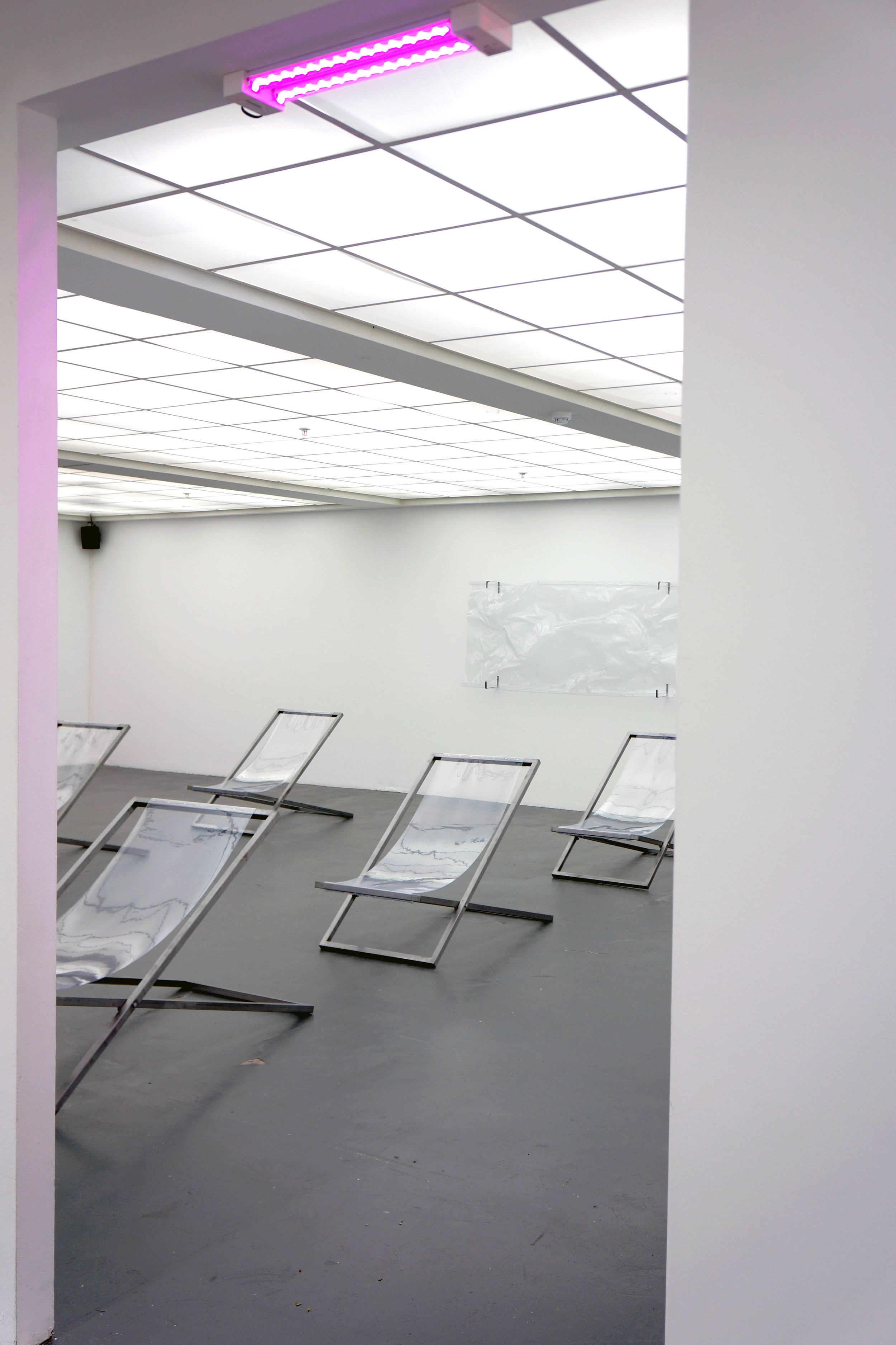 Ambra Viviani - Die Sieben letzten Lieder, 2017 - environmental installation - iron, PVC, PMMA, aluminium, full spectrum LED lights, music loop, libretto - Kunsthaus Baselland, Münchenstein - Institut Kunst HGK