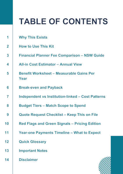 Image displaying the table of contents of the ebook NSW financial advisers cost kit