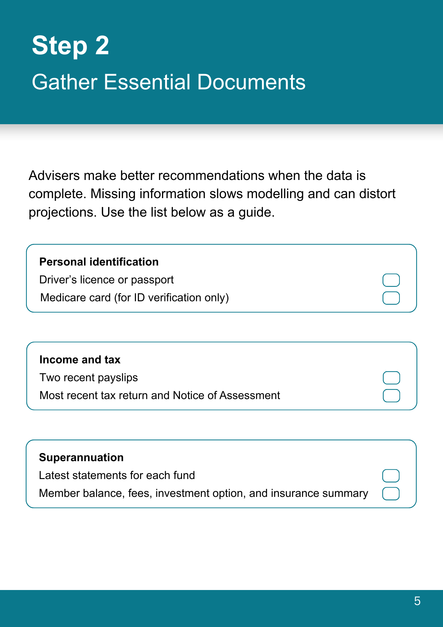 financial advice meeting prep checklist ebook page 5 image that displays a checklist for gathering essential documents