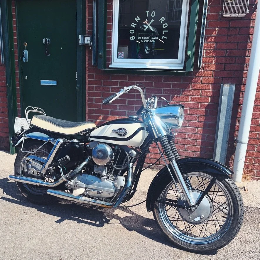 classic harley davidson motorcycle being serviced at our bristol workshop