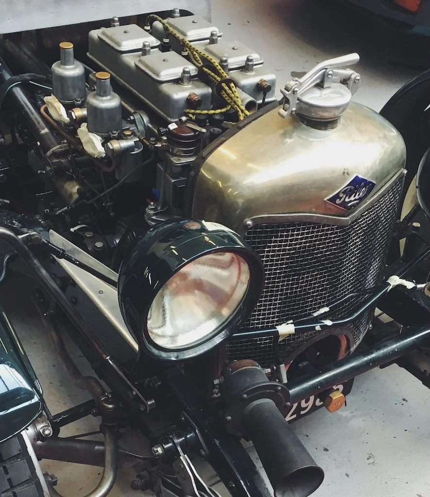 The engine of a vintage 1931 Riley race car