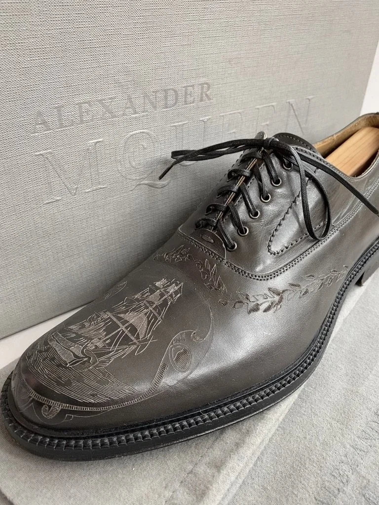 Alexander McQueen Grey Laser Etched Leather Oxfords — Hi-Bred Life