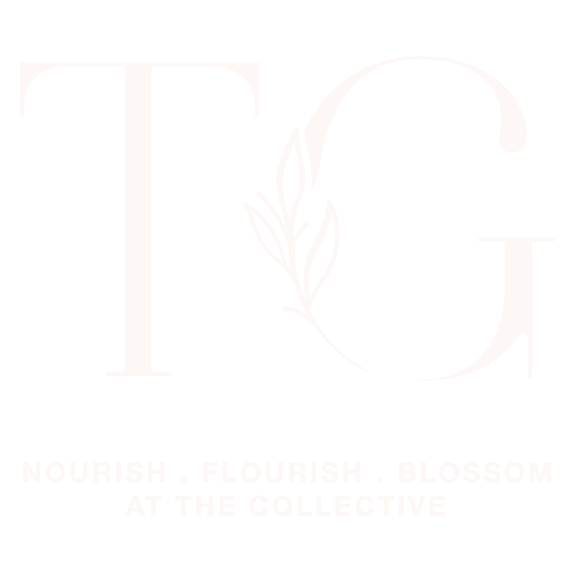 Logo for The Garden at The Collective Counseling and Consulting with large white stylized initials 'T' and 'C' intertwined, with a small leafy branch in between. Text below reads 'Nourish. Flourish. Blossom at the Collective'.