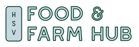 Logo for Huntsville Food & Farm Hub with green and white text.