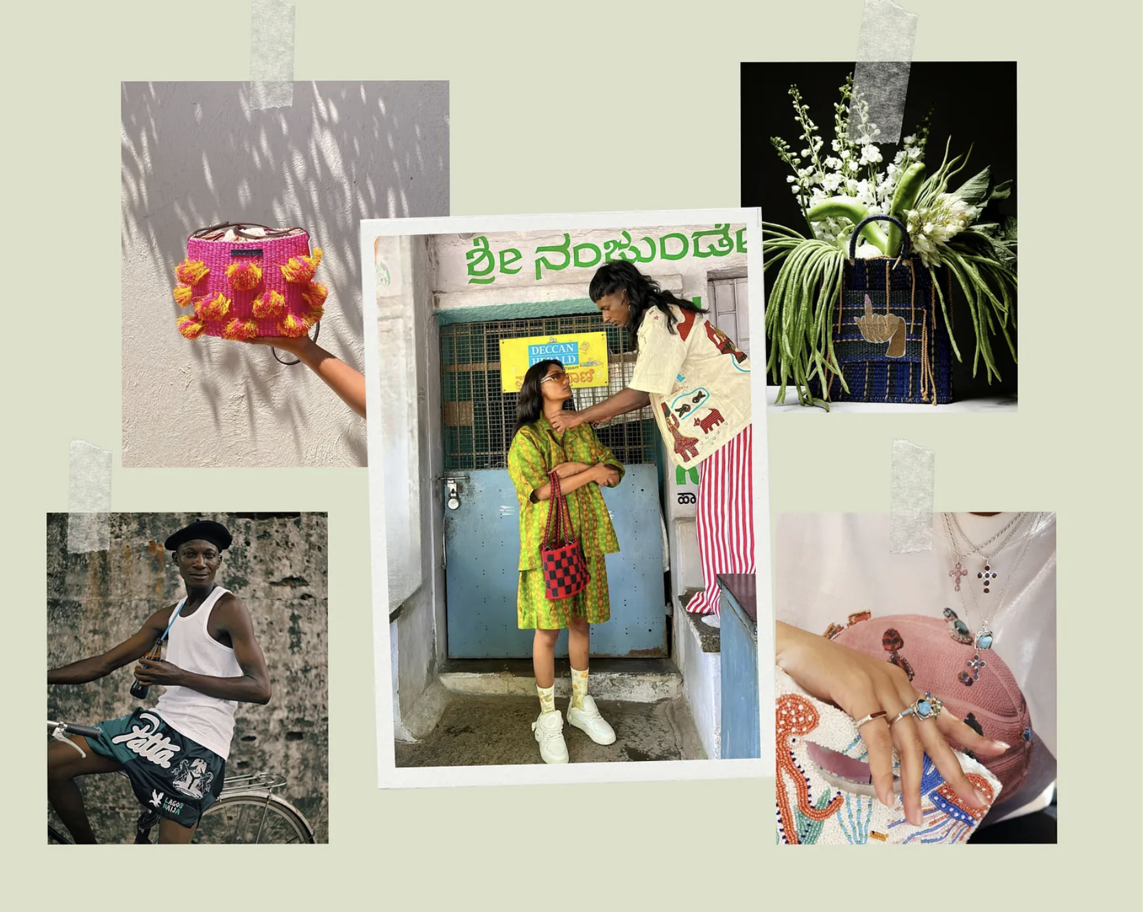 A collage of five images featuring fashion, accessories, and everyday life. Central photo shows a woman helping a girl with glasses, outside a building with green writing. Top left displays a pink hat with yellow pom-poms. Top right features a green plant in a woven handbag. Bottom left shows a man on a bicycle holding a bottle, wearing a tank top and shorts. Bottom right displays a close-up of a hand with rings and a beaded bag, wearing layered necklaces.