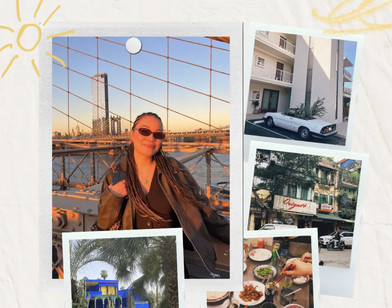 Collage of travel and city scenes, featuring a woman with braids wearing sunglasses and a leather jacket in front of a bridge and city skyline at sunset, a street view with a white convertible car and apartment building, busy street with shops and motorbikes, a restaurant table with food, and a colorful house surrounded by palm trees.