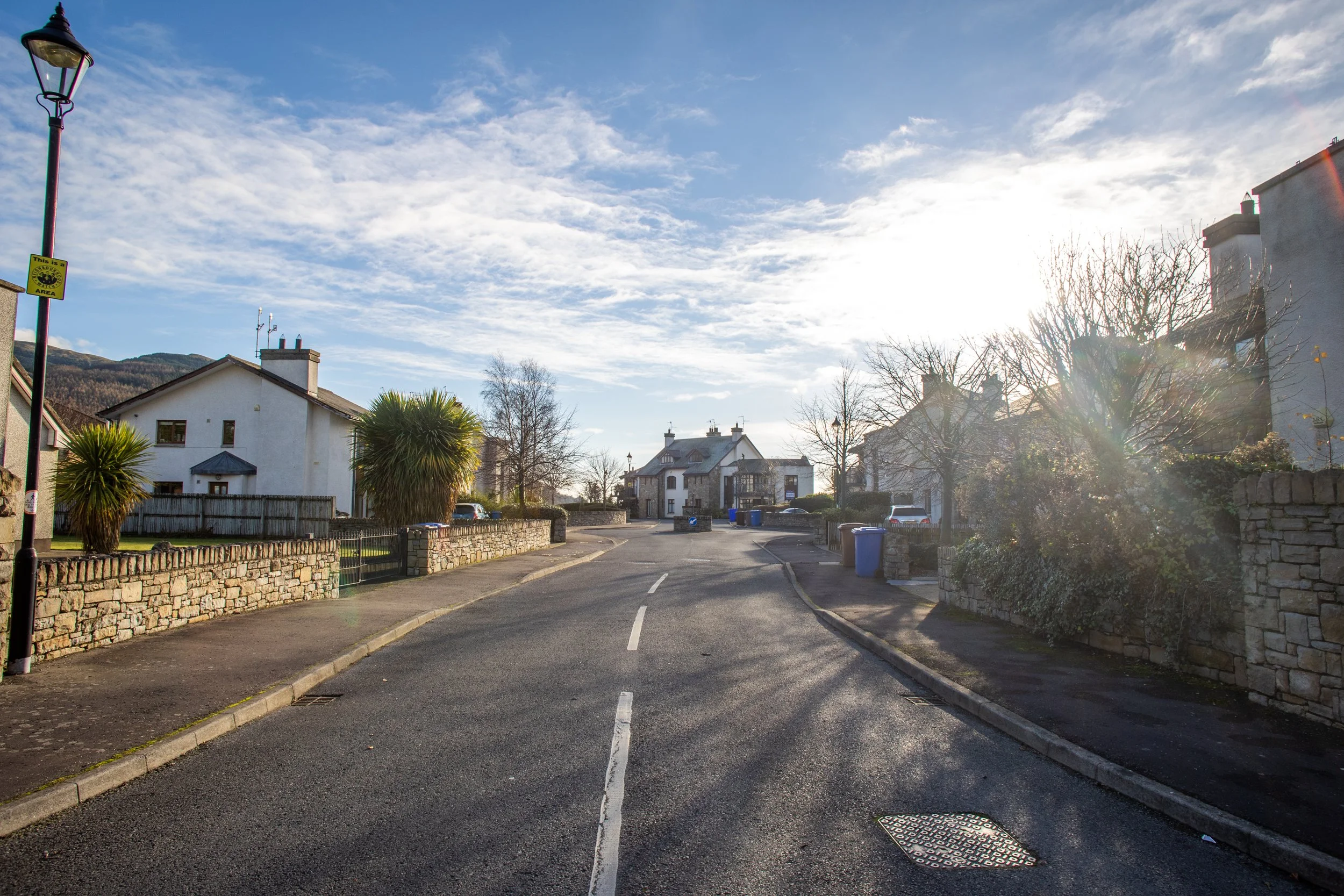 A quiet residential street with houses, trees, and garbage bins under a partly cloudy sky with sunlight.