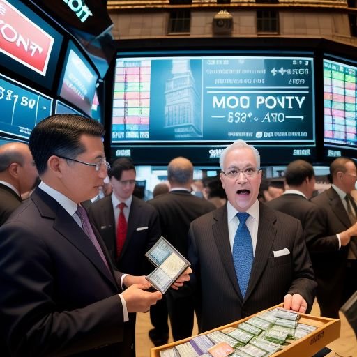 A bewildered stock trader holding a Monopoly board overflowing with game money stands on a busy exchange floor, with a large digital stock ticker displaying 'MOOPONTY' in the background, symbolizing the satirical integration of board game currency in