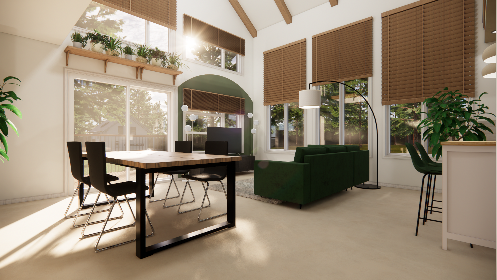 Rendu 3D d’un salon et d’une salle à manger lumineuse au design contemporain, avec plafond cathédrale, grande fenestration, mobilier moderne et accents verts. Design intérieur réalisé au Québec par Design Athena.