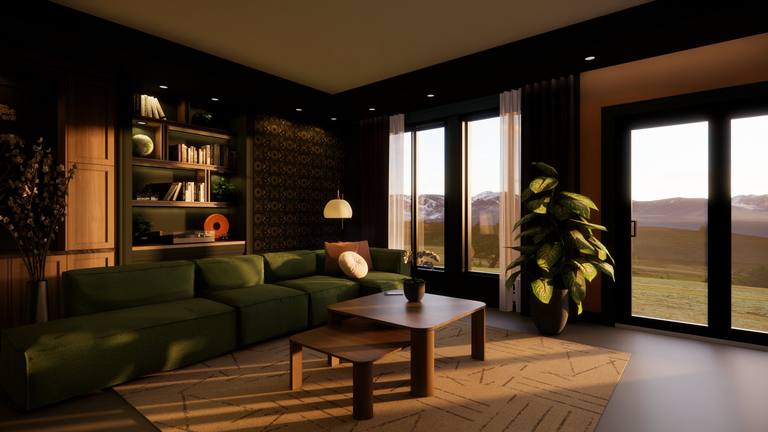 Rendu 3D d’un salon moderne au décor chaleureux, avec canapé vert, bibliothèque intégrée, grandes fenêtres donnant sur un paysage montagneux et éclairage tamisé. Design intérieur réalisé au Québec par Design Athena.