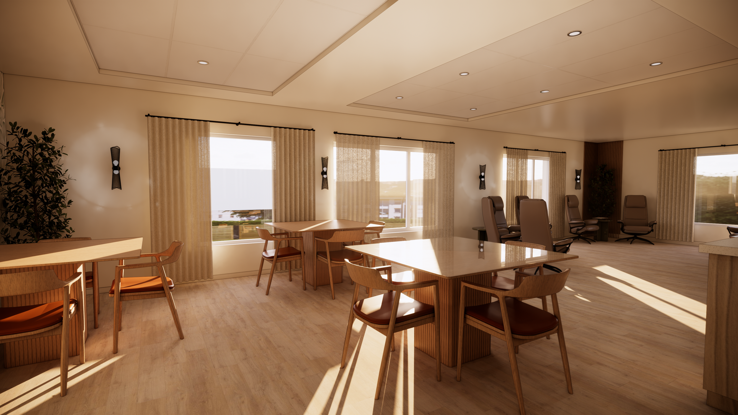Rendu 3D d’une salle à manger commune dans une résidence pour personnes âgées, avec tables en bois, chaises ergonomiques, grande fenestration et ambiance lumineuse et chaleureuse. Design intérieur réalisé au Québec par Design Athena.