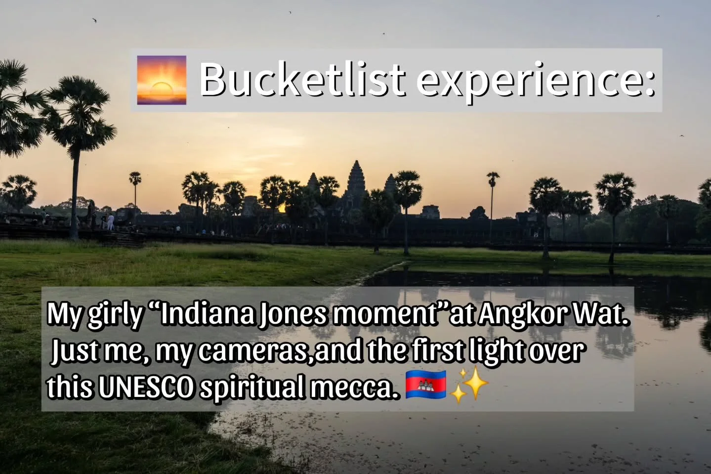 🌅 Bucketlist Experience at Angkor Wat✨

My girly &ldquo;Indiana Jones moment&rdquo; came true at sunrise in 📍Siem Reap, Cambodia 🇰🇭. 

Just me, my cameras, and the first light hitting this **UNESCO World Heritage spiritual mecca**. 

If **Angkor 