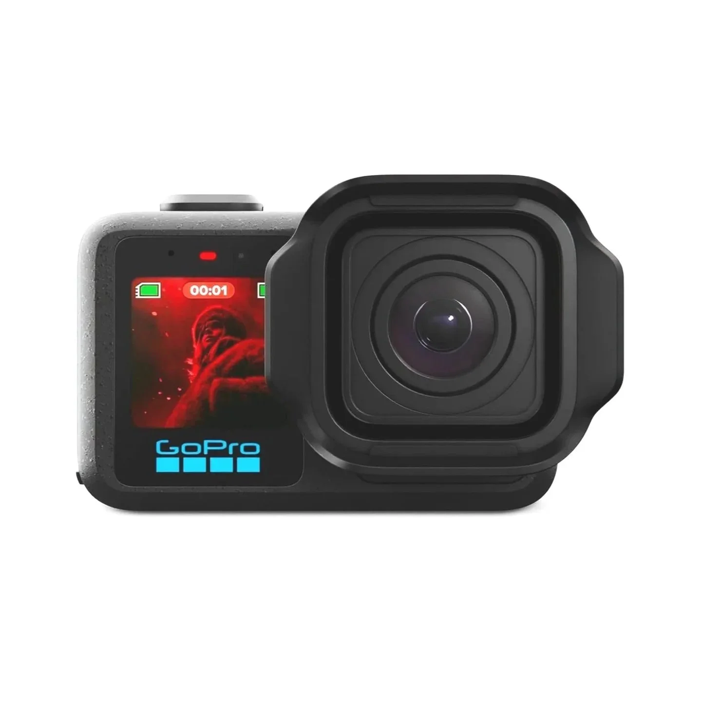 A GoPro action camera with the display screen showing a person in a red outfit and the GoPro logo at the bottom.