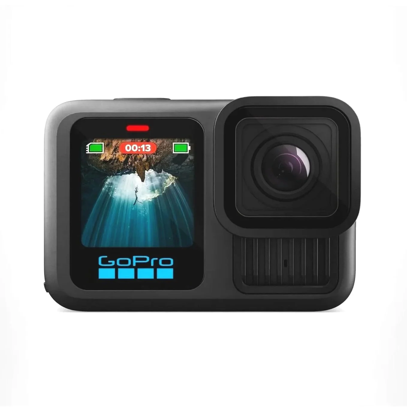 GoPro action camera showing a scene of an underwater cave with sunlight beams, battery indicators, and the recording time on the screen.