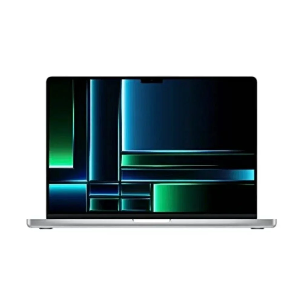 A modern laptop computer with a colorful digital display against a white background.