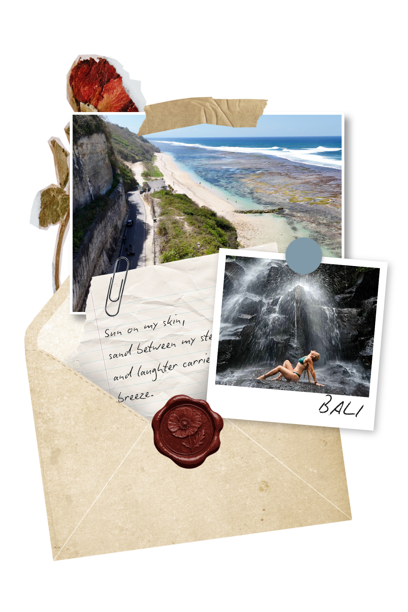 A collage of travel memories including a beach, a waterfall with a person sitting under it, a handwritten note, and a torn piece of red tissue, all arranged on an envelope with a wax seal that has a flower design. The note mentions sun and sand, indicating a beach trip. The photos are labeled 'Bali' and show scenic nature views.