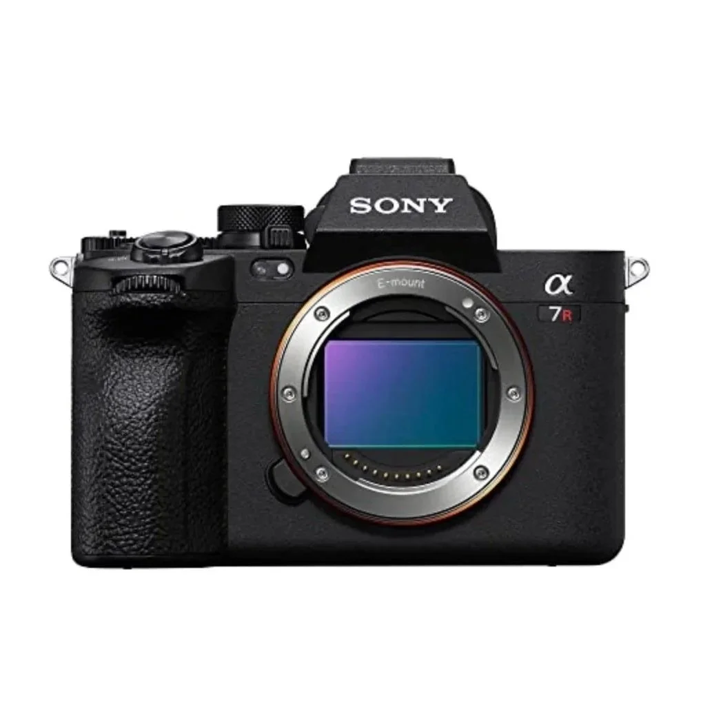 A Sony mirrorless camera body with a lens mount and sensor visible, black textured grip, and various control buttons.