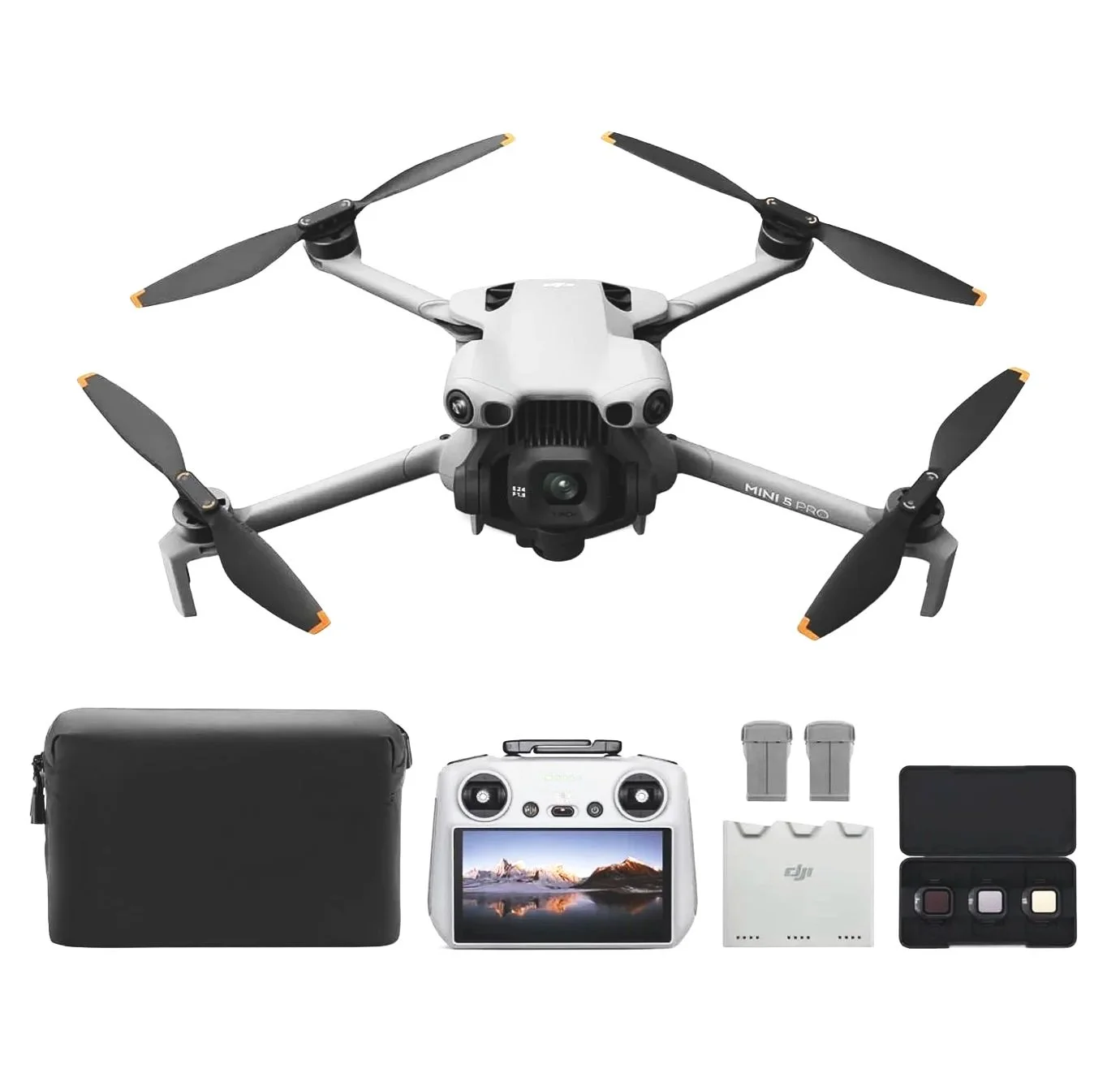 Drone with multiple accessories including remote control, batteries, carrying case, and camera equipment.