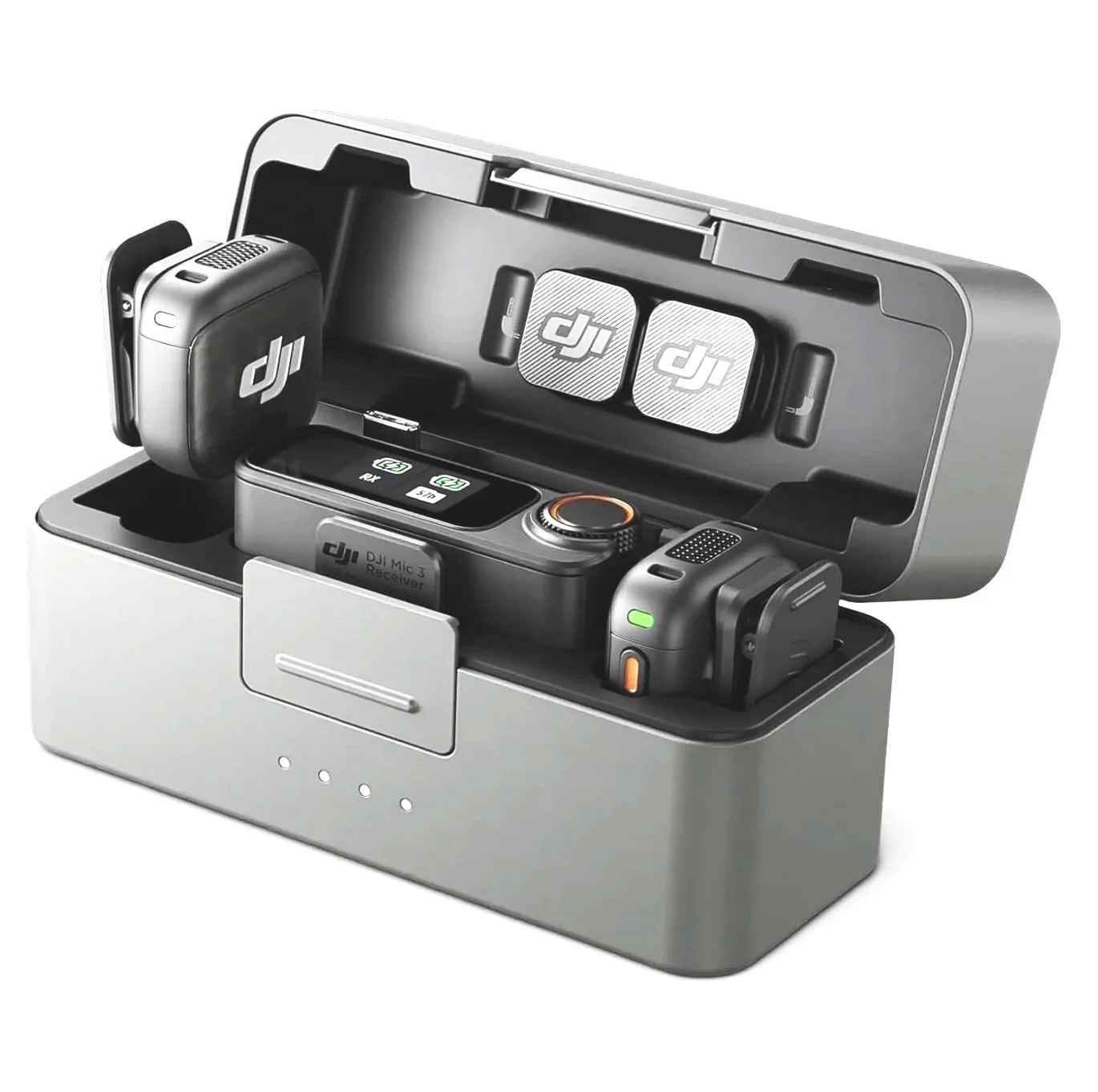 A DJI drone kit with a charging case, remote controls, and a drone equipped with propellers, all arranged inside an open electronic storage box.