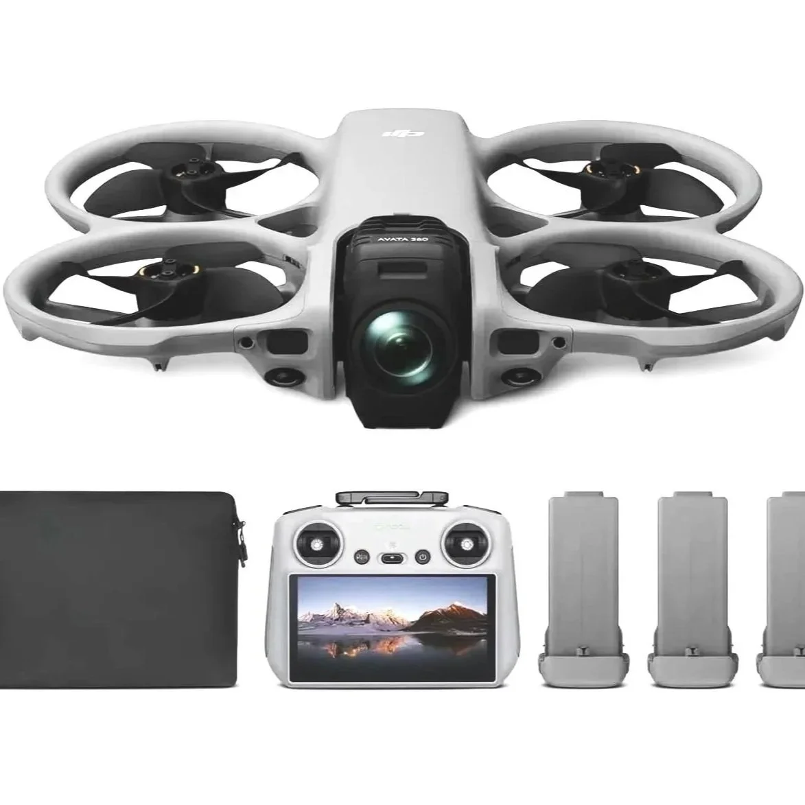 A drone with four rotors, a camera mounted on the front, a remote controller with a display screen showing a mountain landscape, a black carrying case, and three grey batteries.