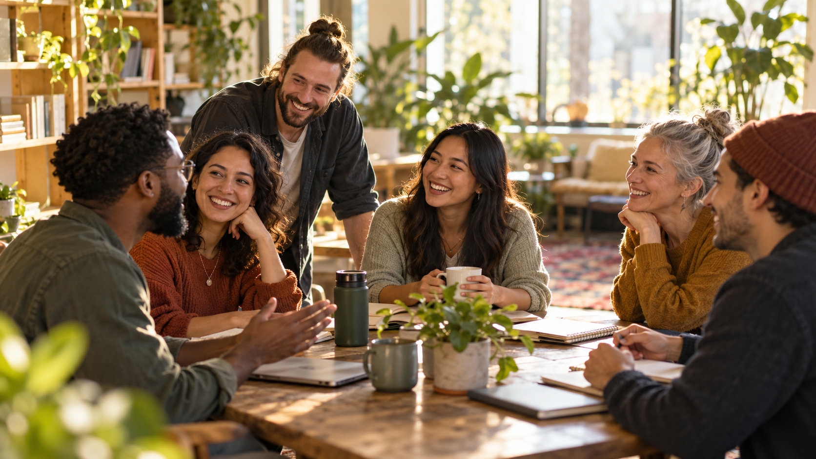 A group of six diverse people, four women and two men, sitting around a wooden table in a bright, plant-filled room. They are engaged in conversation, smiling, and appear to be having a friendly discussion. The table has notebooks, a mug, and a water bottle.