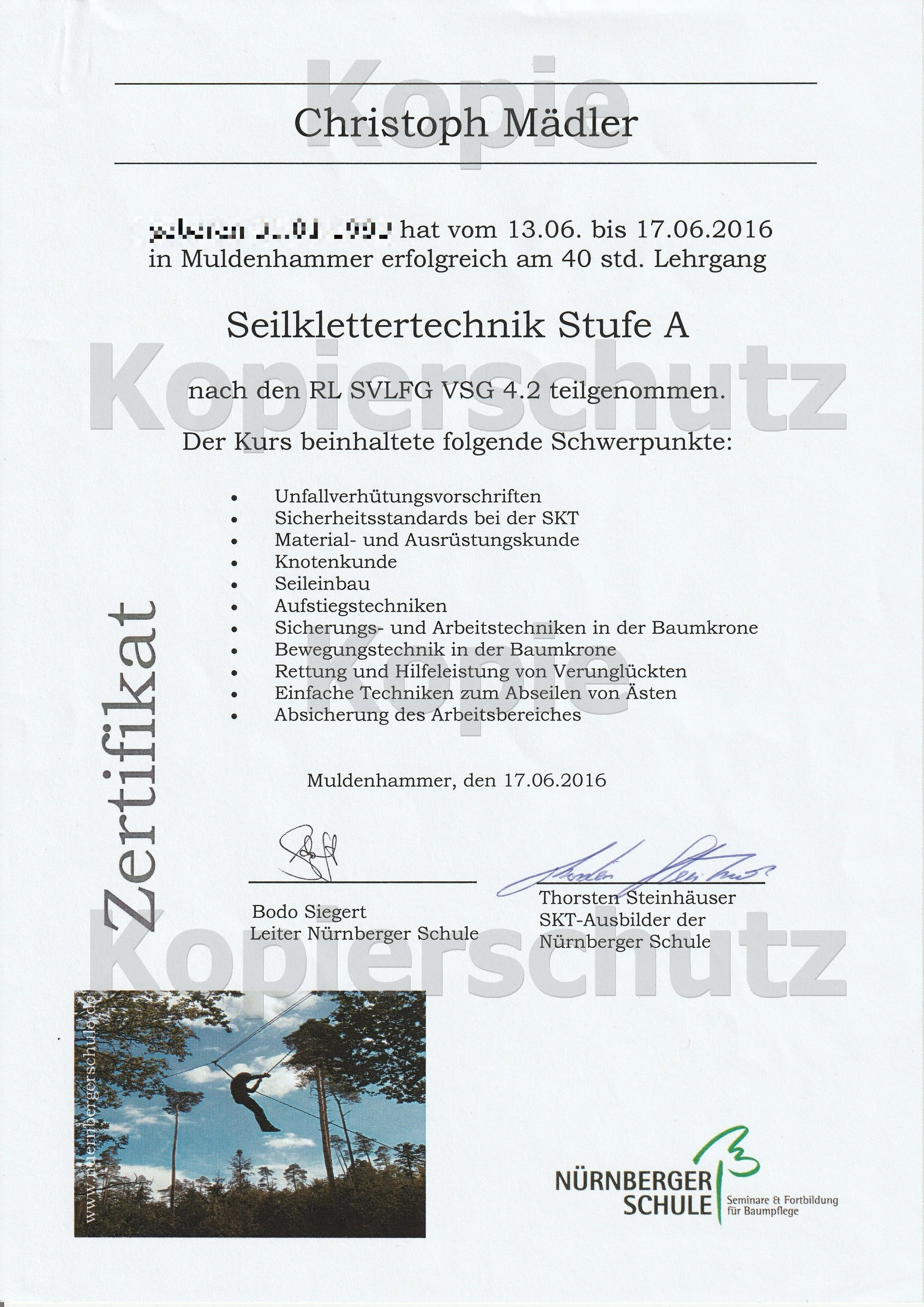 Zertifikat Seilklettertechnik Stufe A
