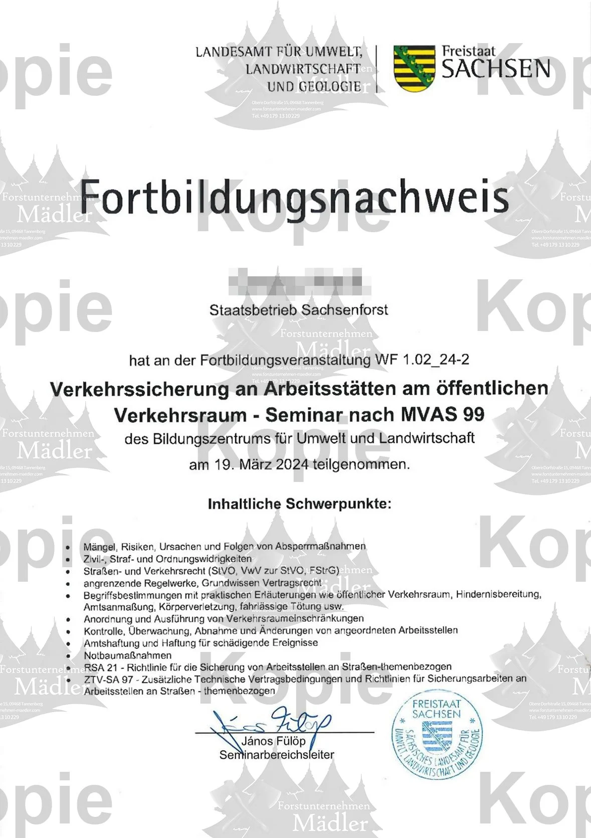 Fortbildungsnachweis Verkehrssicherung am öffentlichen Verkehrsraum