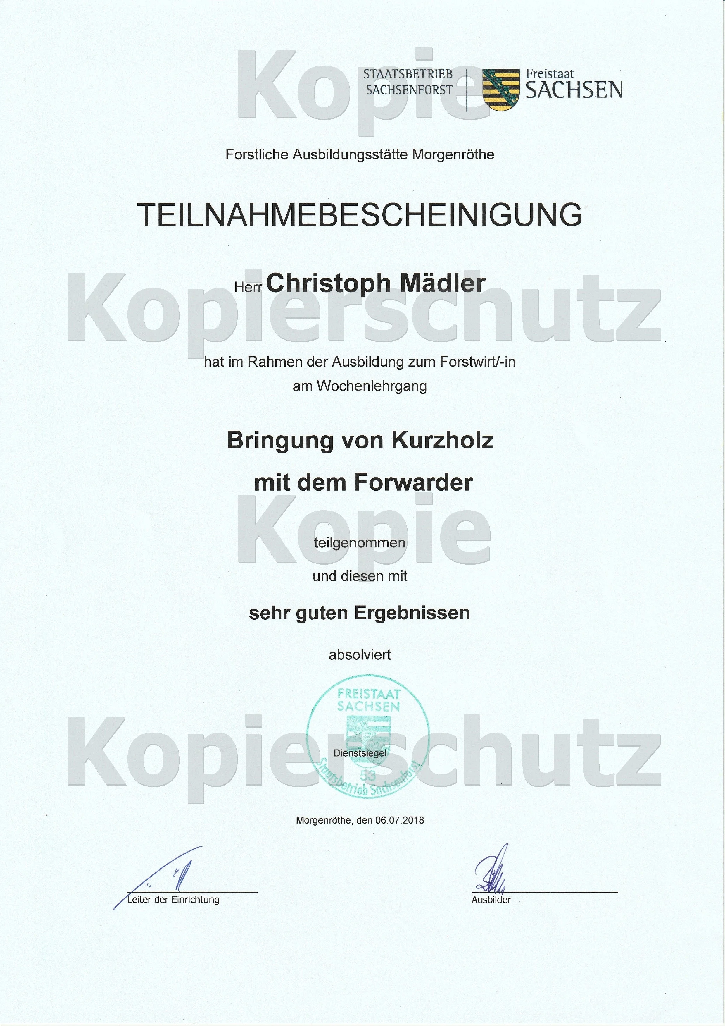 Zertifikat Bringung von Kurzholz mit dem Forwarder