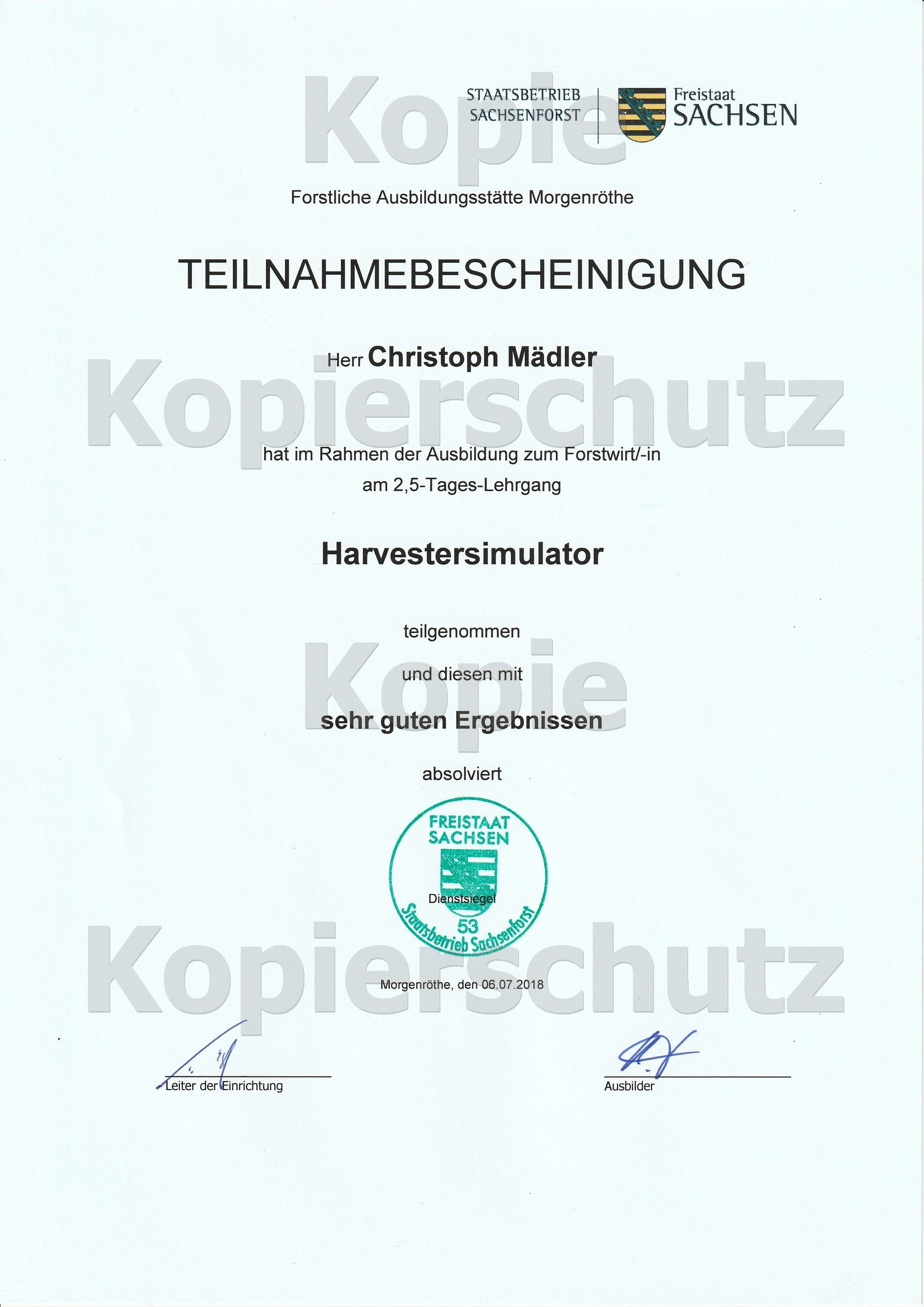 Zertifikat Harvestersimulatior