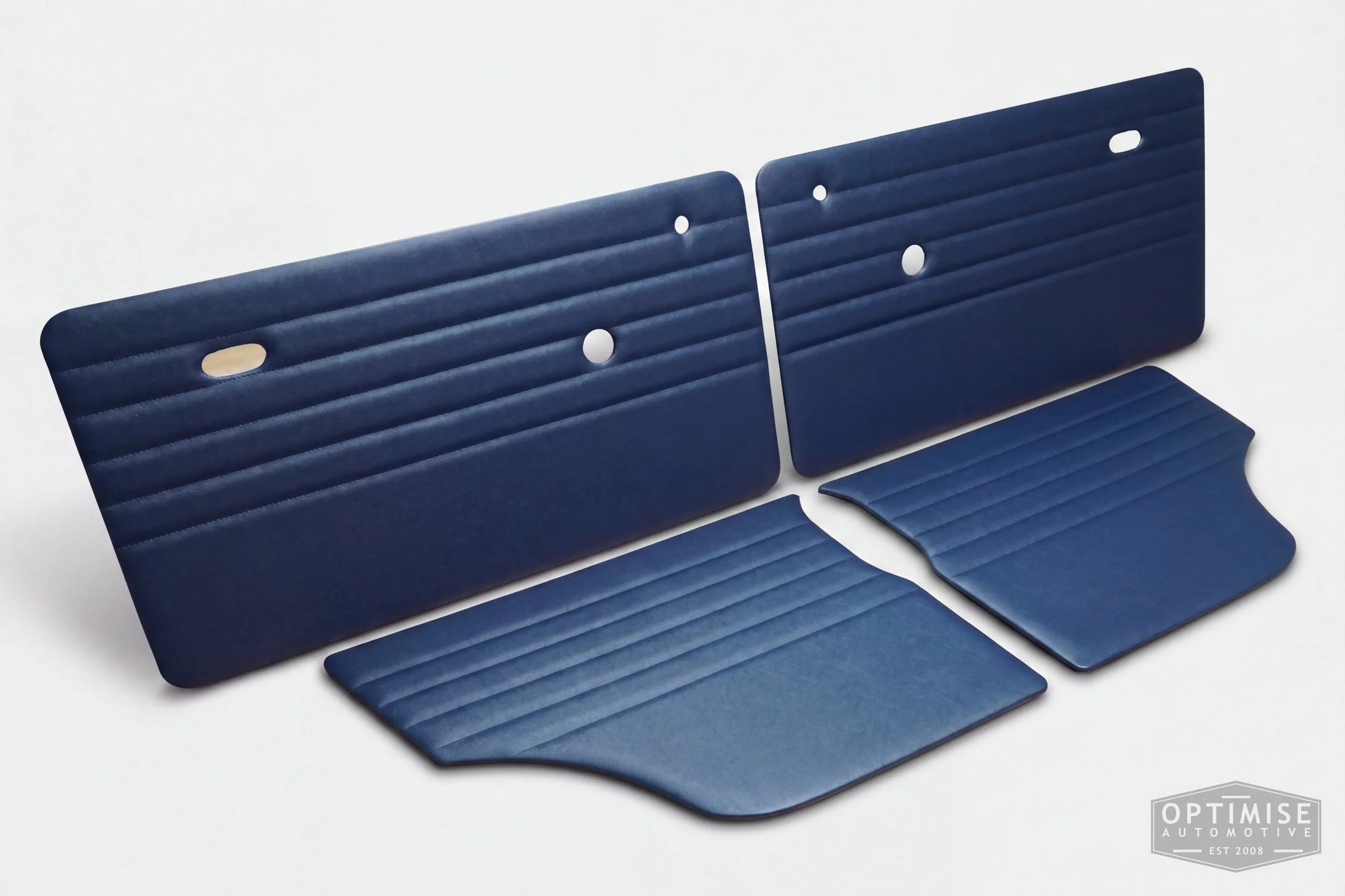 Classic Mini Monte-Carlo door cards, trimmed in midnight blue vinyl leatherette with midnight blue stitching.