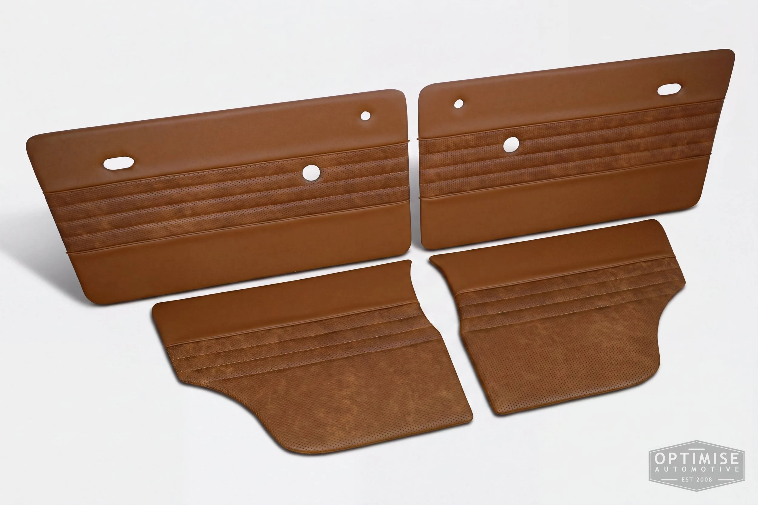 Classic Mini Wide-Stripe Fluted door cards, trimmed in light brown (tan) vinyl leatherette and light brown (tan) basketweave with light brown (tan) piping & stitching.