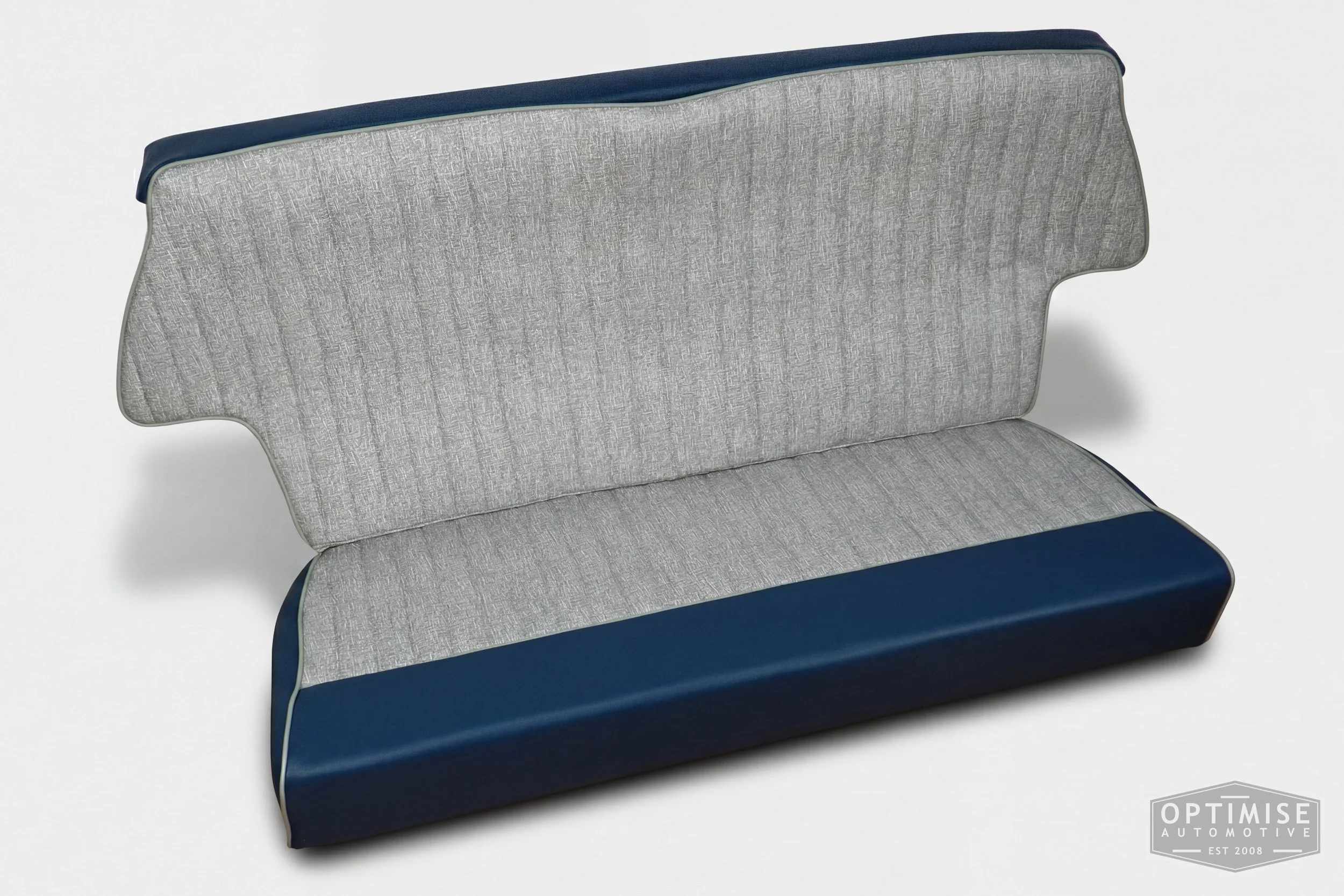 Classic Mini non-reclining seat retrims, trimmed in grey fleck and isis blue vinyl leatherette.