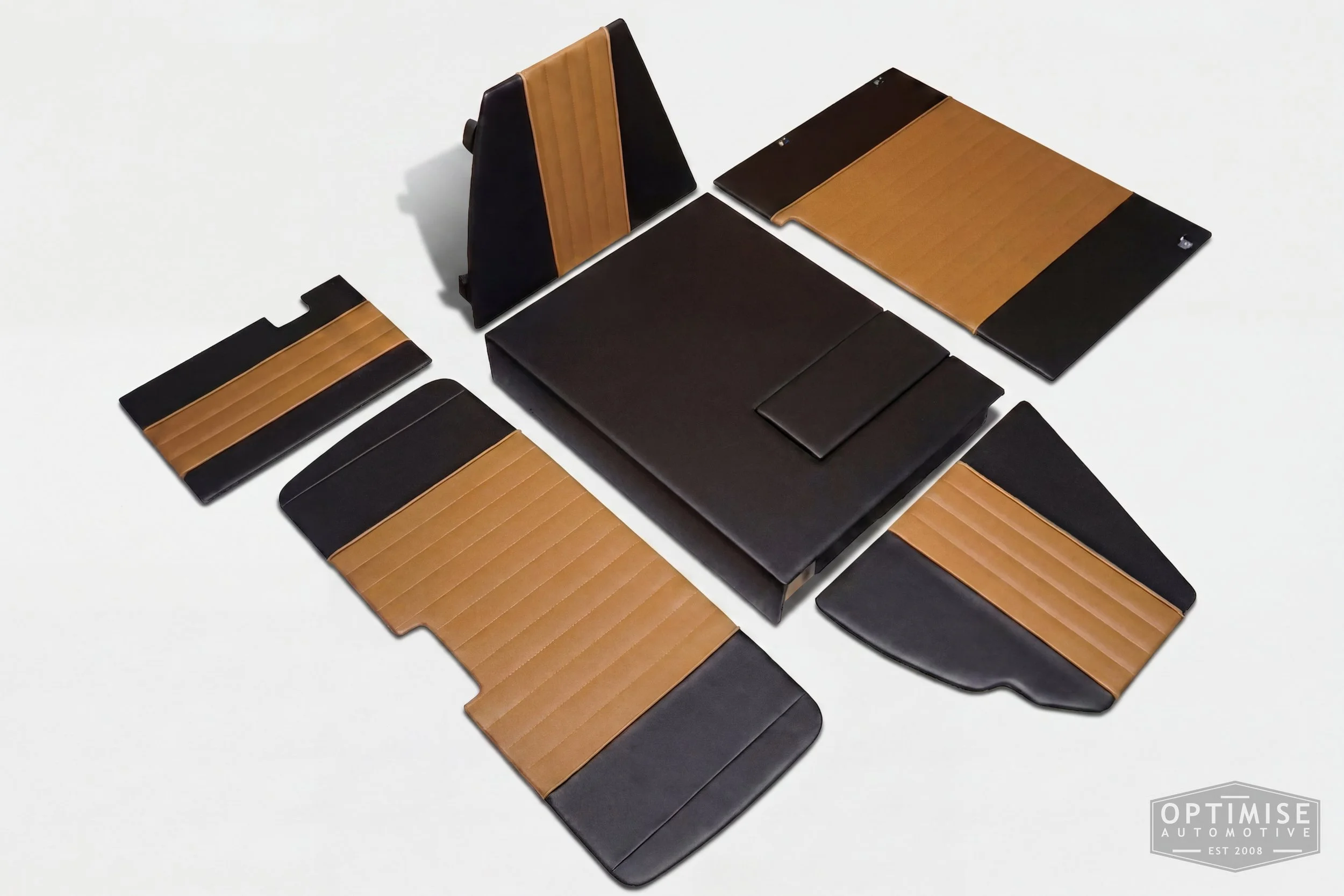 Classic Mini leatherette boot lining kit, trimmed in black and light brown leatherette with light brown piping and light brown stitching.