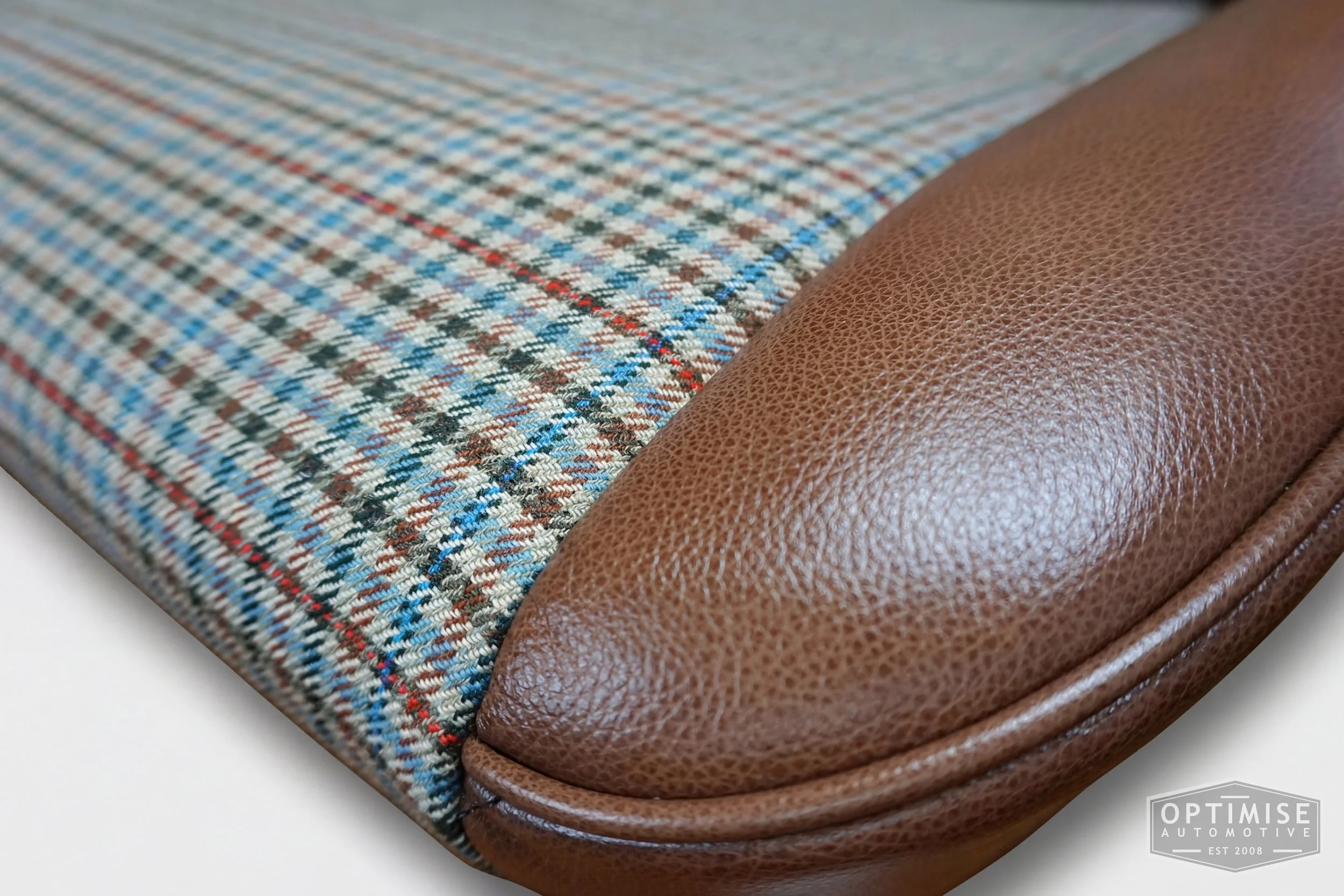 Classic Mini SPi seat retrims, trimmed in Crest Cambridge lark leather and ashdown check fabric 145 cloth.