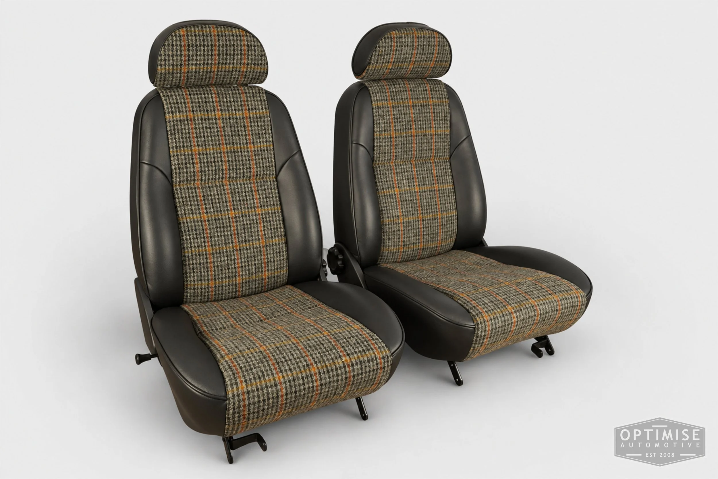 Classic Mini seat retrims featuring original MPi front seats and a matching rear seat, trimmed in Harris Tweed HO57 and black Crest Shelly leather.