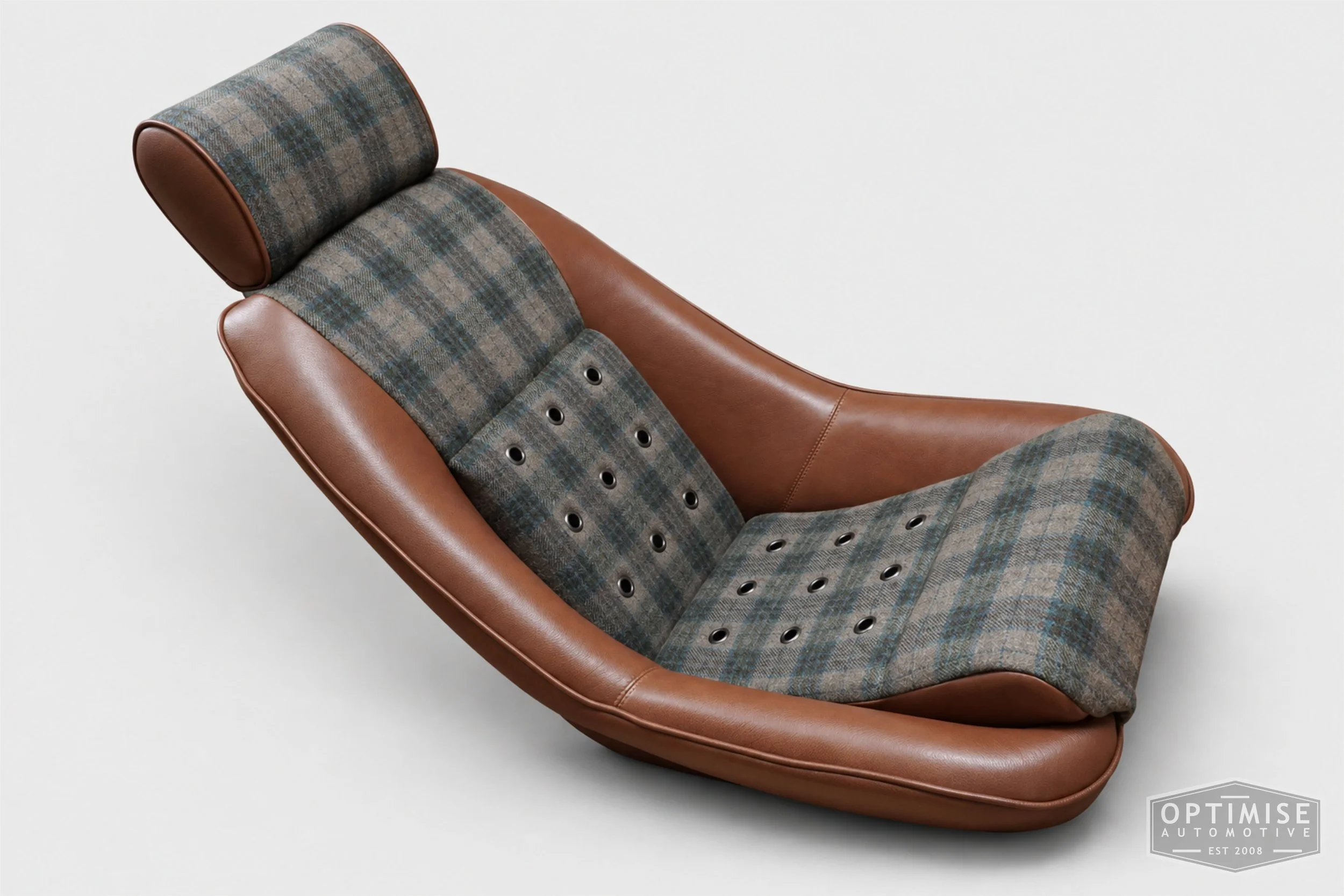 Classic Mini seat retrims featuring Cobra Classic RS front seats and a matching MPi rear seat, trimmed in Norfolk Check Tweed 0834 and Crest Cambridge lark leather, with gunmetal eyelets.