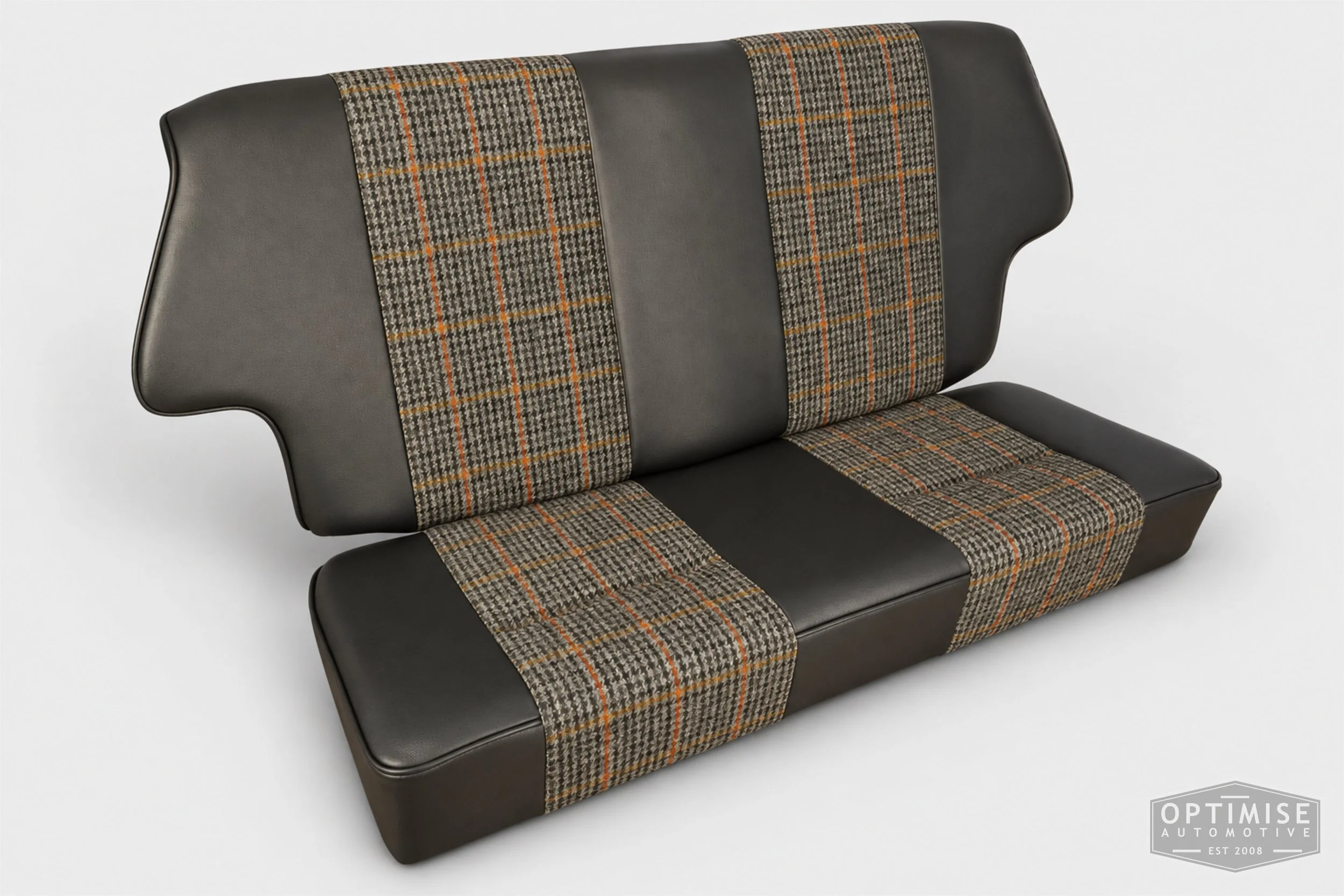 Classic Mini seat retrims featuring original MPi front seats and a matching rear seat, trimmed in Harris Tweed HO57 and black Crest Shelly leather.